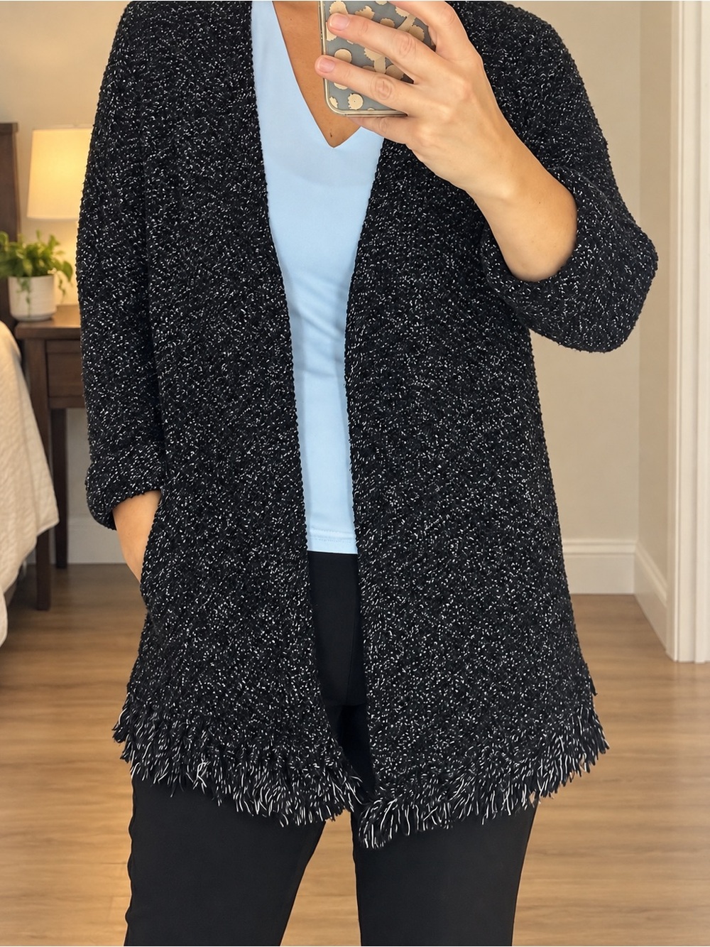 Madewell Memento Marled Fringe Cardigan Sweater Black White Size S